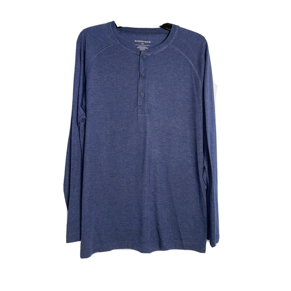 Mizzen + Main Mens Large Trim Navy Blue Heather Henley Easy Knit LS T-Shirt